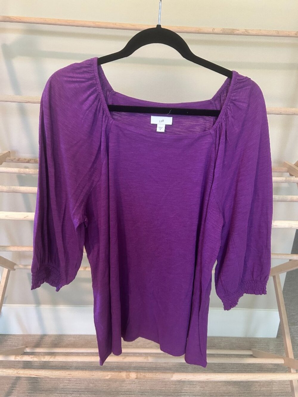 J. Jill Purple Slub Knit Square Neck Smocked Cuff Blouse XL